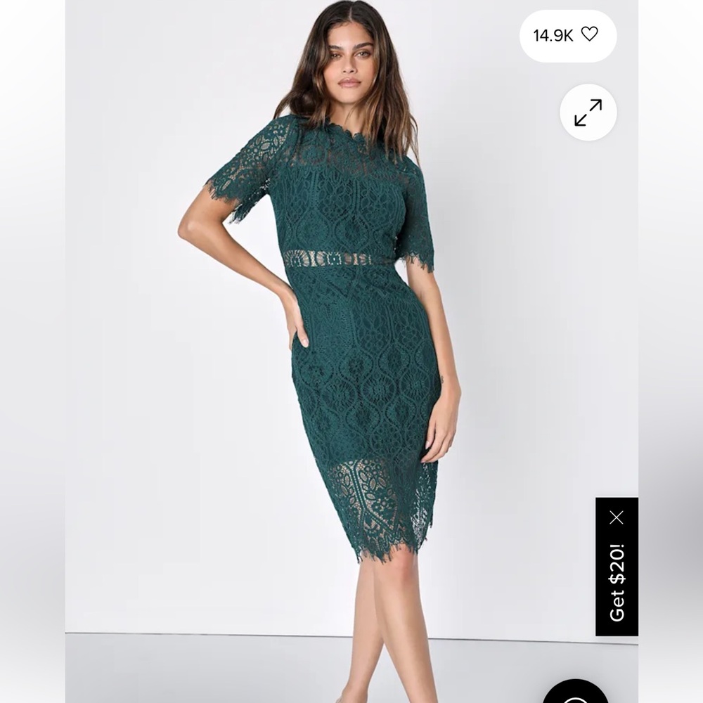 328 Lulus Remarkable Forest Green Lace Midi Dress XS Elegant Sheer Sleeve